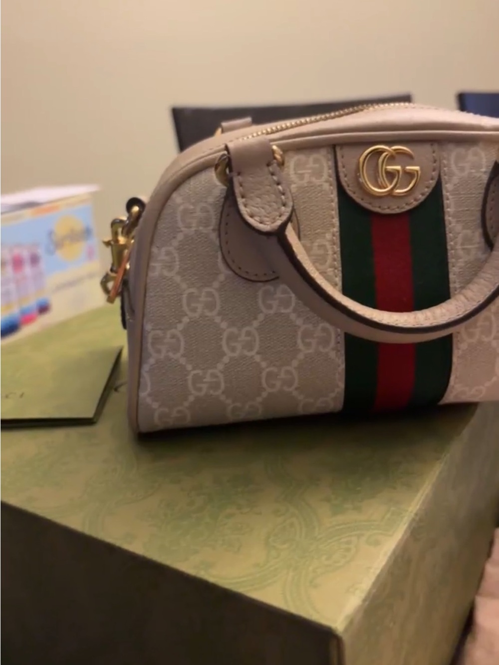 Gucci Beige Mini Ophidia Top-Handle Bag with Green-Red Web - Picture 7 of 8